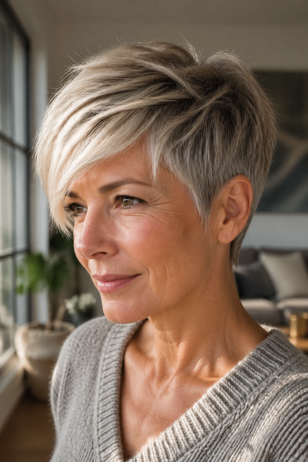 Close-up of a woman with textured crop and long top layers under natural light