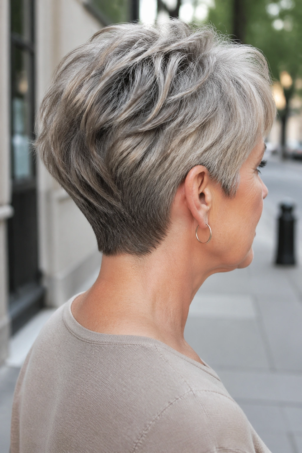 Close-up of a real woman with a short textured crop showing nape detail in daylight.