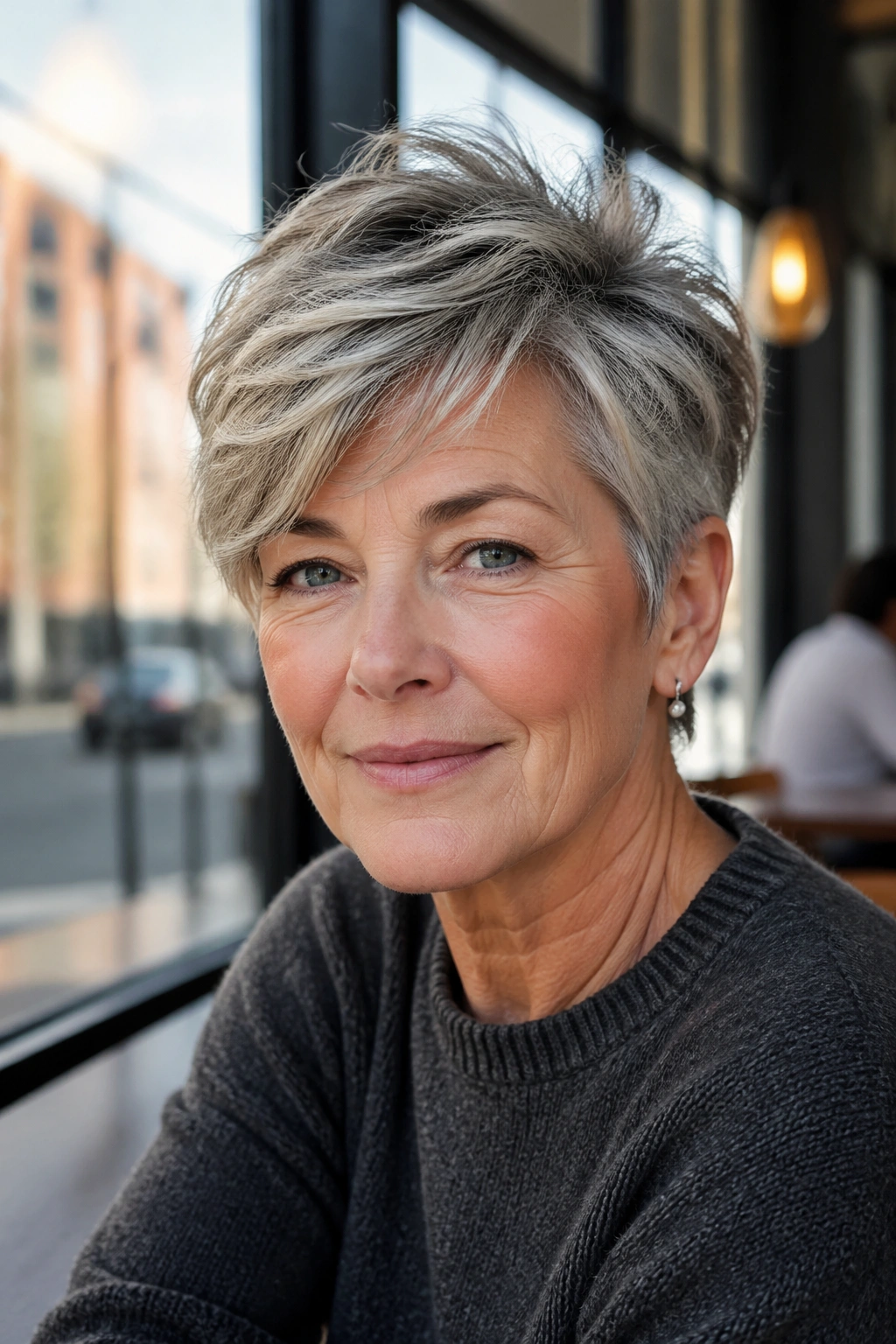 Real woman with short textured crop and side-swept fringe in warm cafe light