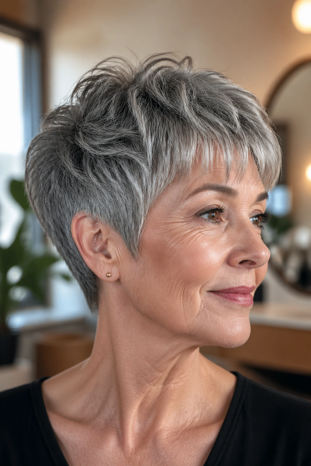 Close-up portrait of a woman with a textured crop for thick hair