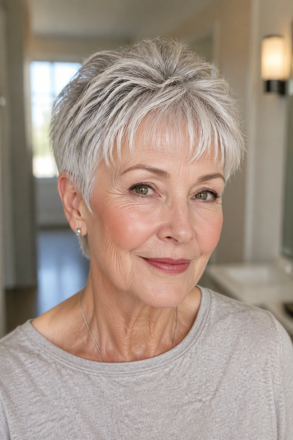 Close-up of an older woman with a short textured crop in a bright home setting.