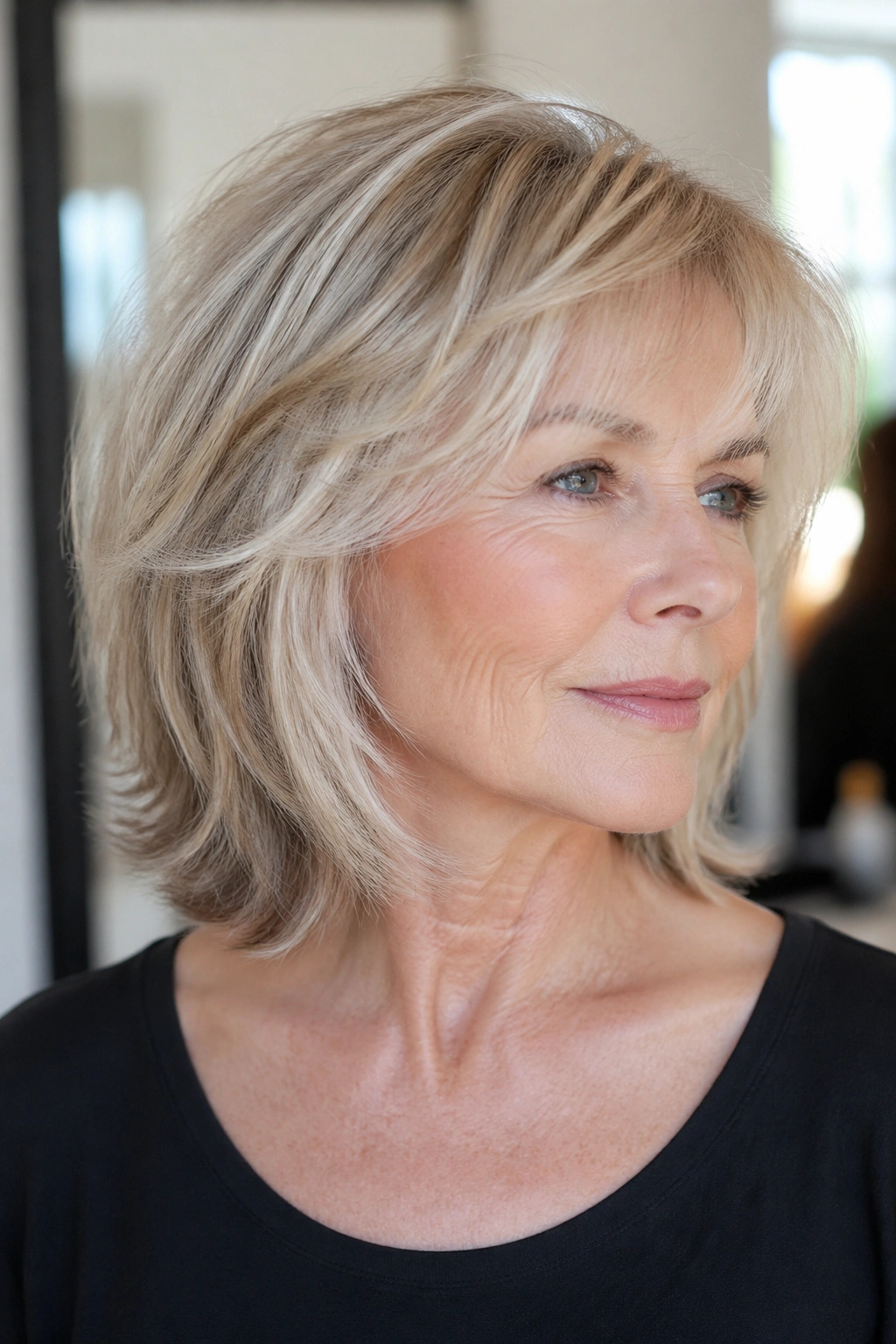 Portrait of a real woman with a textured cut for fine hair in a bright salon