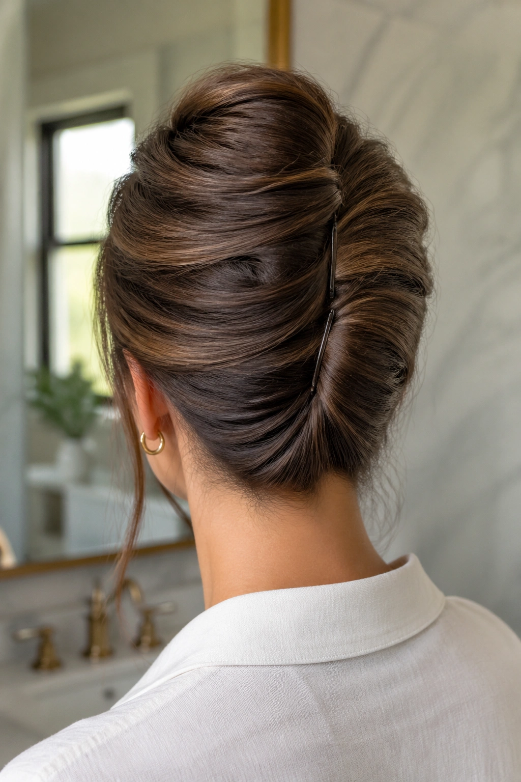 Medium close-up of textured French twist on straight hair with U-pins