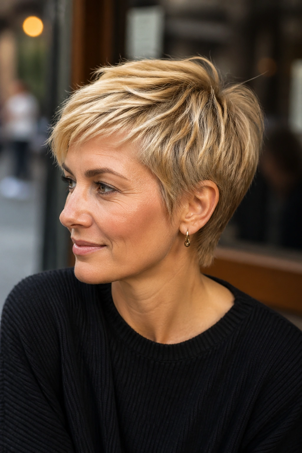 Close-up of a real woman with textured honey blonde pixie