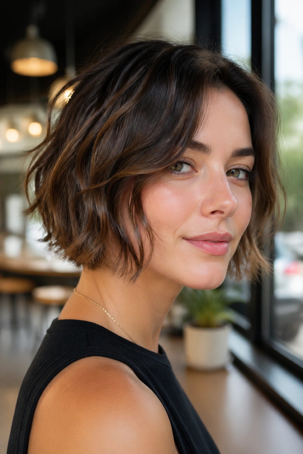 Close-up portrait of a real person with a textured jaw-length bob and piecey ends