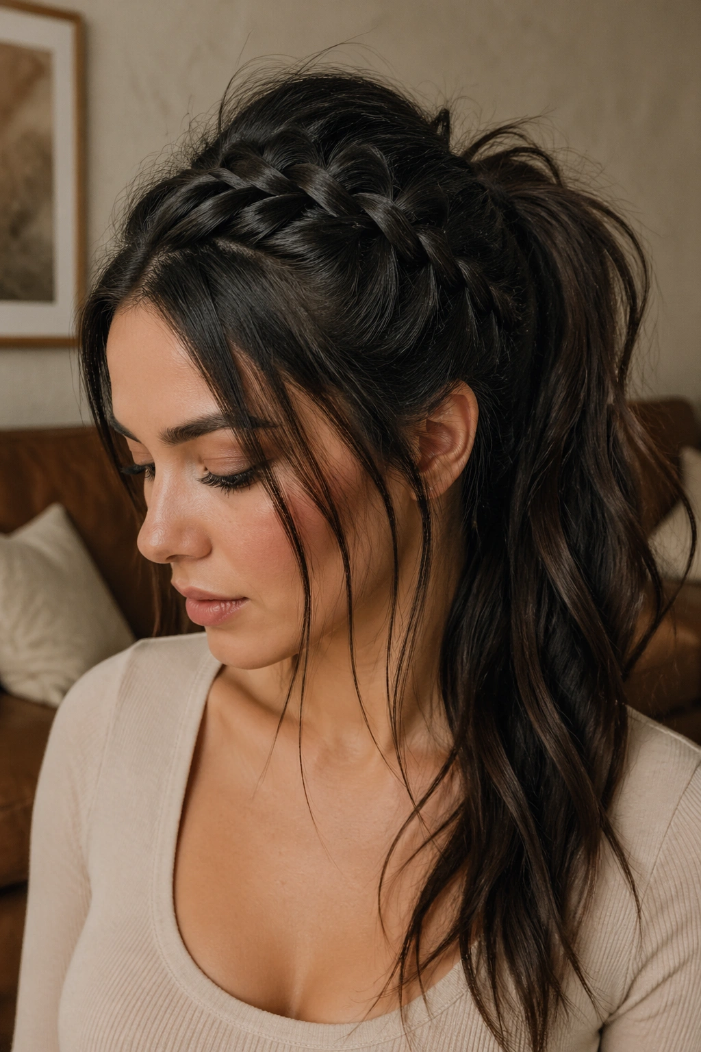 Close-up of a real woman's head with textured messy lace braid ponytail