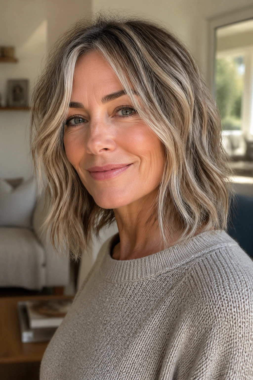 Close-up of real woman with textured air-dry lob and piecey ends in natural light