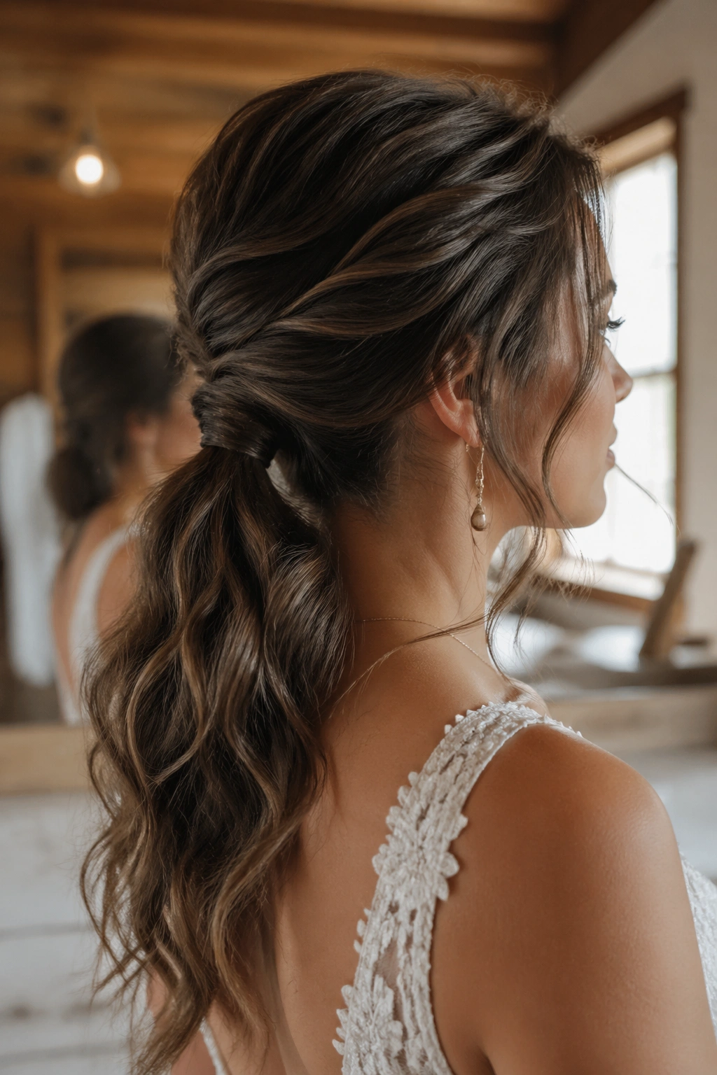 Close-up of a real woman with a textured low ponytail in mushroom brown.