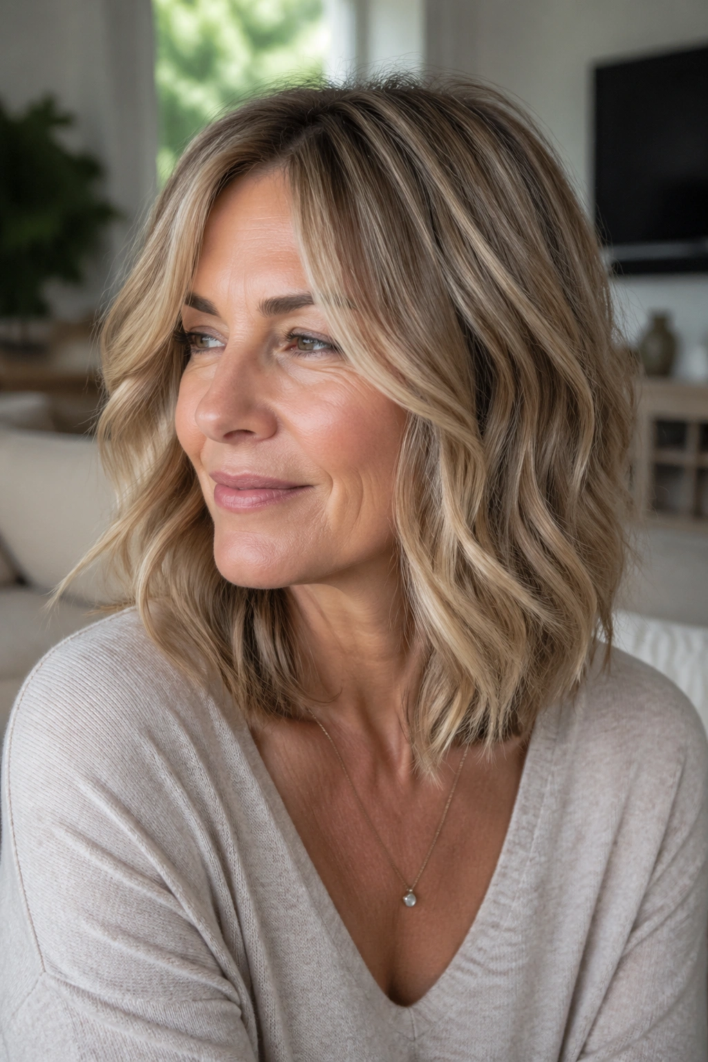 Close-up portrait of a real woman with textured midi cut and babylights