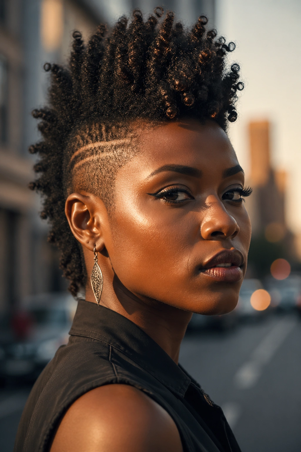 Close-up of a woman with a textured mohawk and shaved sides in urban golden hour light.