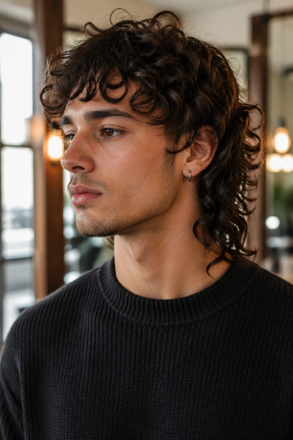Close-up of textured mullet perm on a real person in a salon with warm lighting