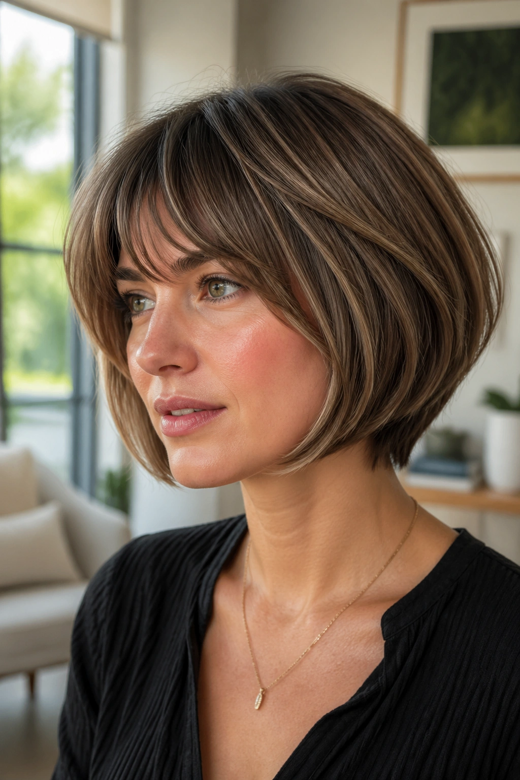 Close-up portrait of a real person with a textured pageboy haircut.