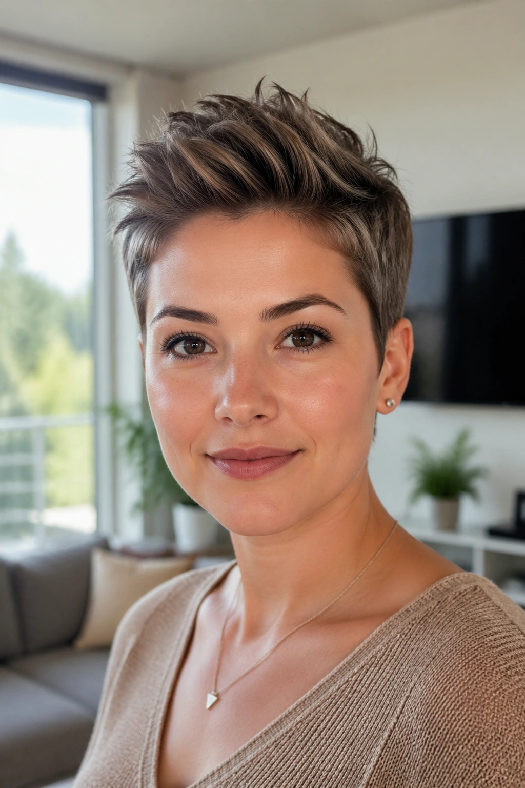 Close-up of a real person with a textured pixie and crown lift in a bright living room.