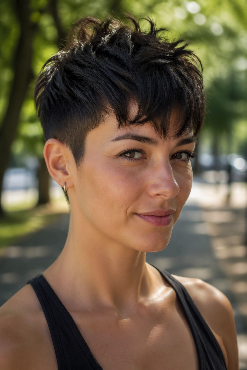 Close-up portrait of a real woman with a textured pixie cut and brushed-forward fringe