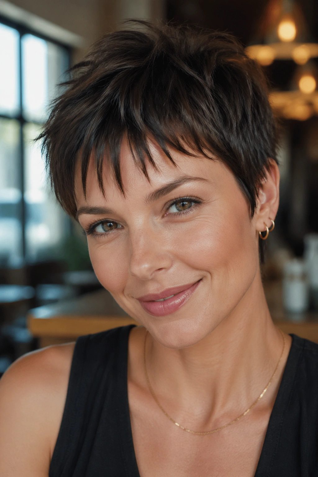 Close-up portrait of a real woman with a textured pixie and choppy fringe.