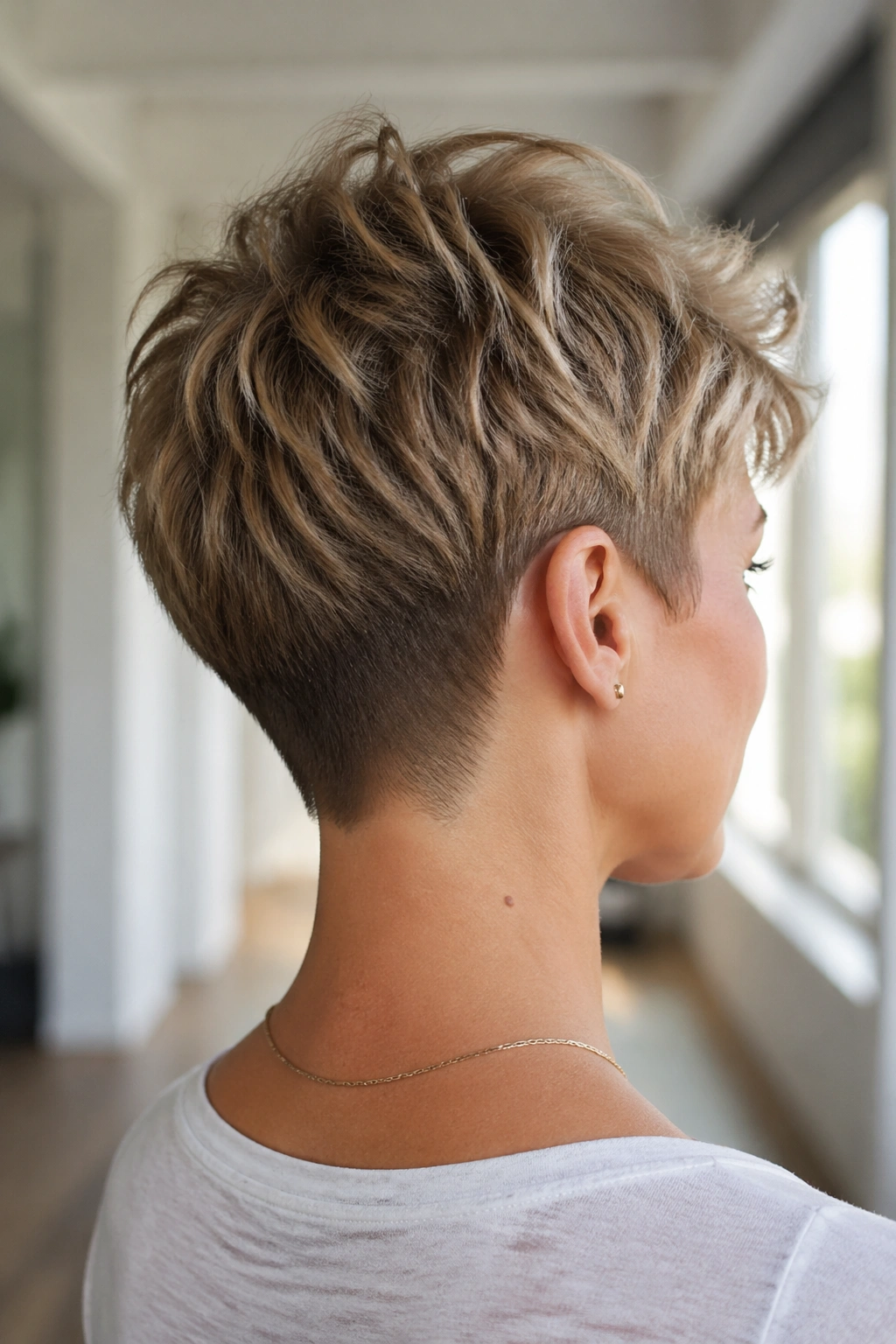 Close-up portrait of a real person with textured pixie and nape taper showing a clean neckline