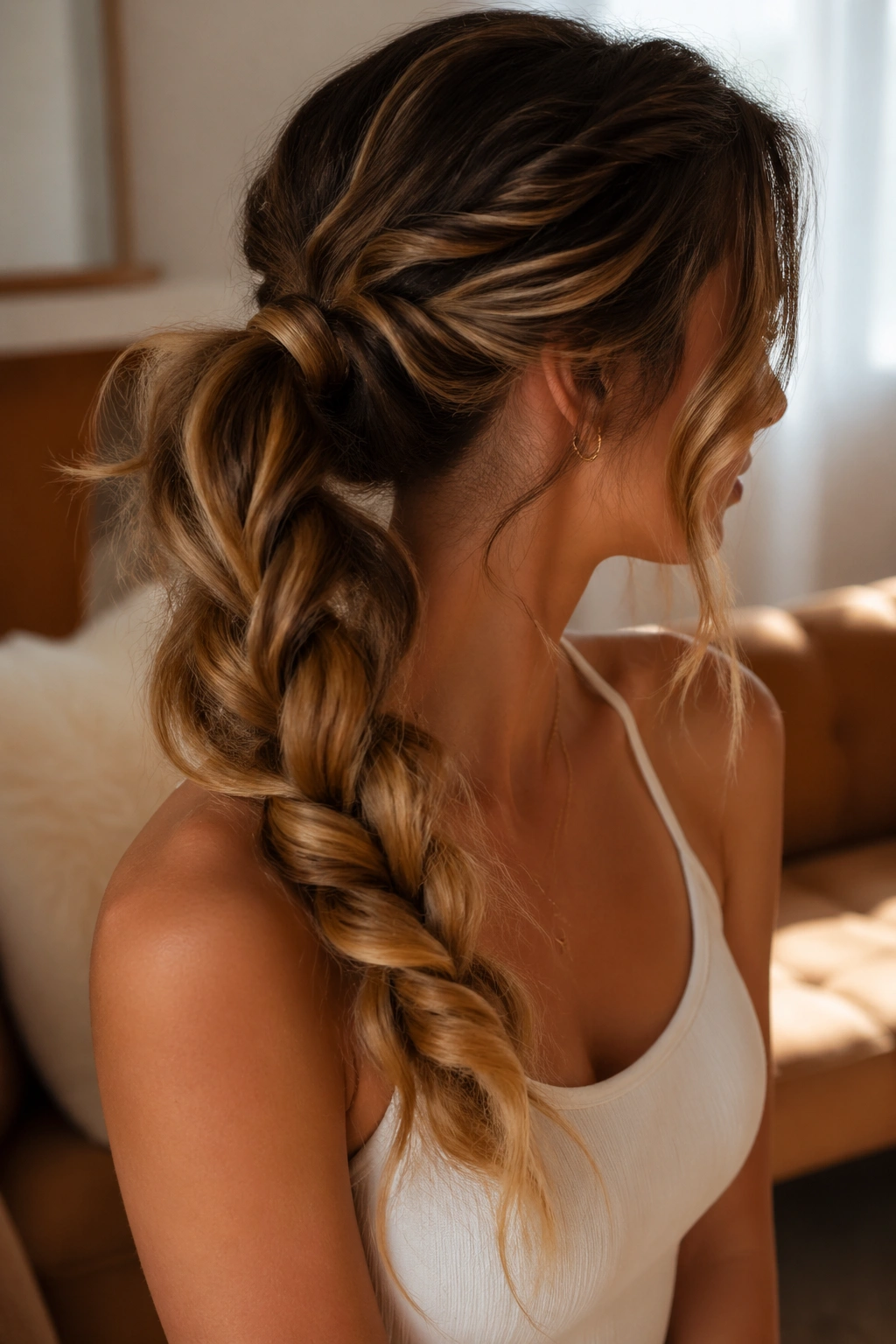 Close-up of textured rope braid over soft waves on a real person, in a sunlit living room.