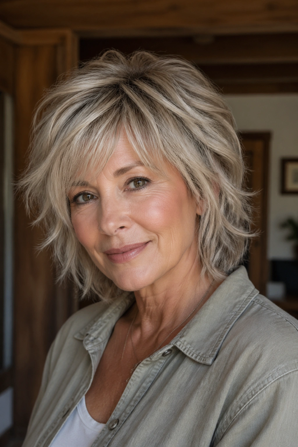 Portrait of a real woman with a textured shag hairstyle