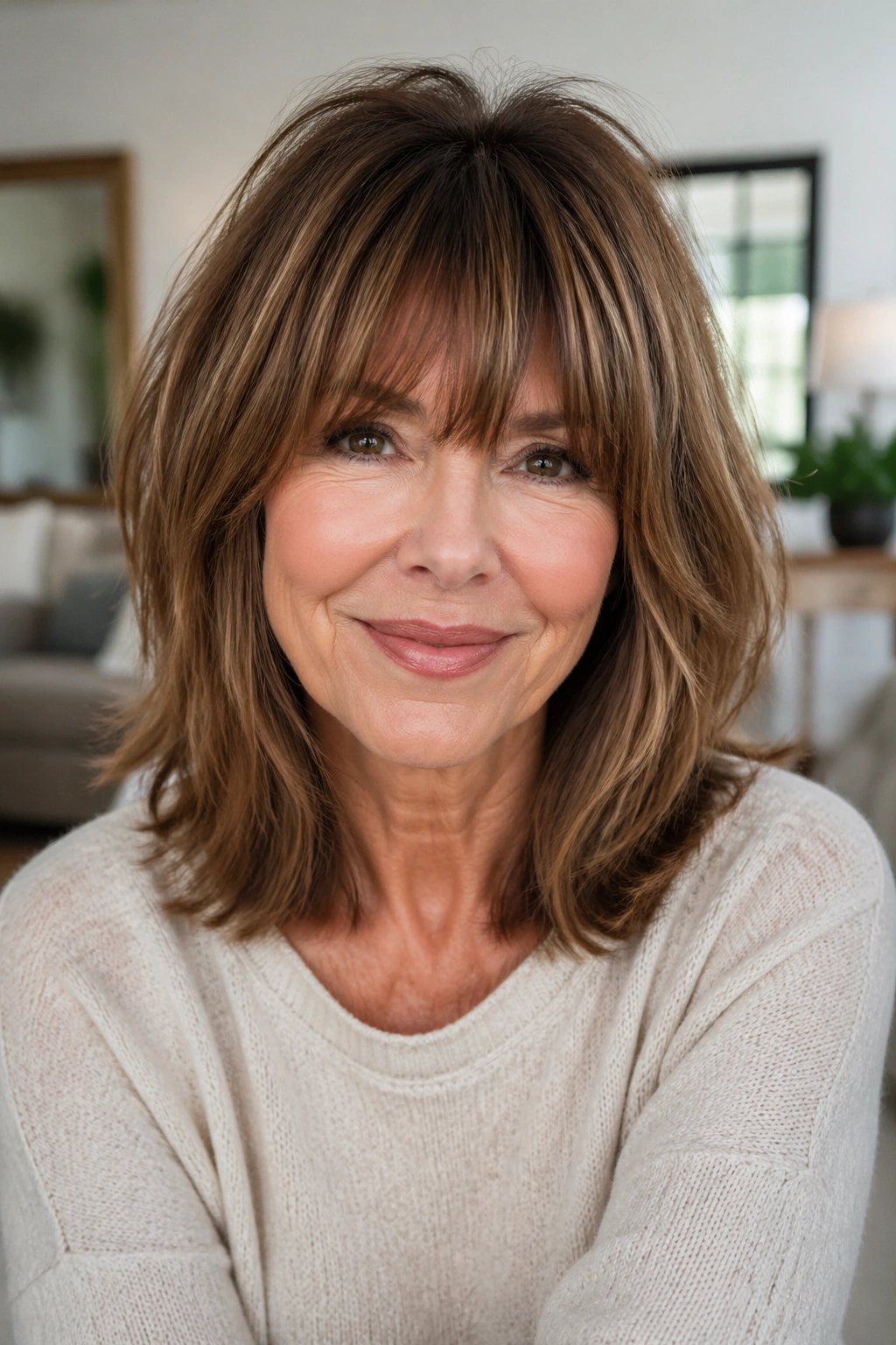 Close-up of a real woman with textured shoulder cut and full fringe in daylight