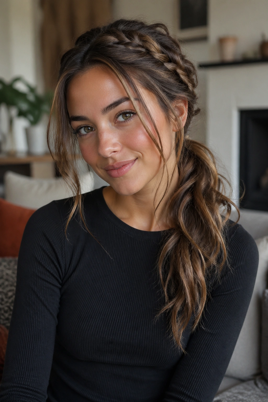 Close-up of textured messy snake braid ponytail on a real person in a living room