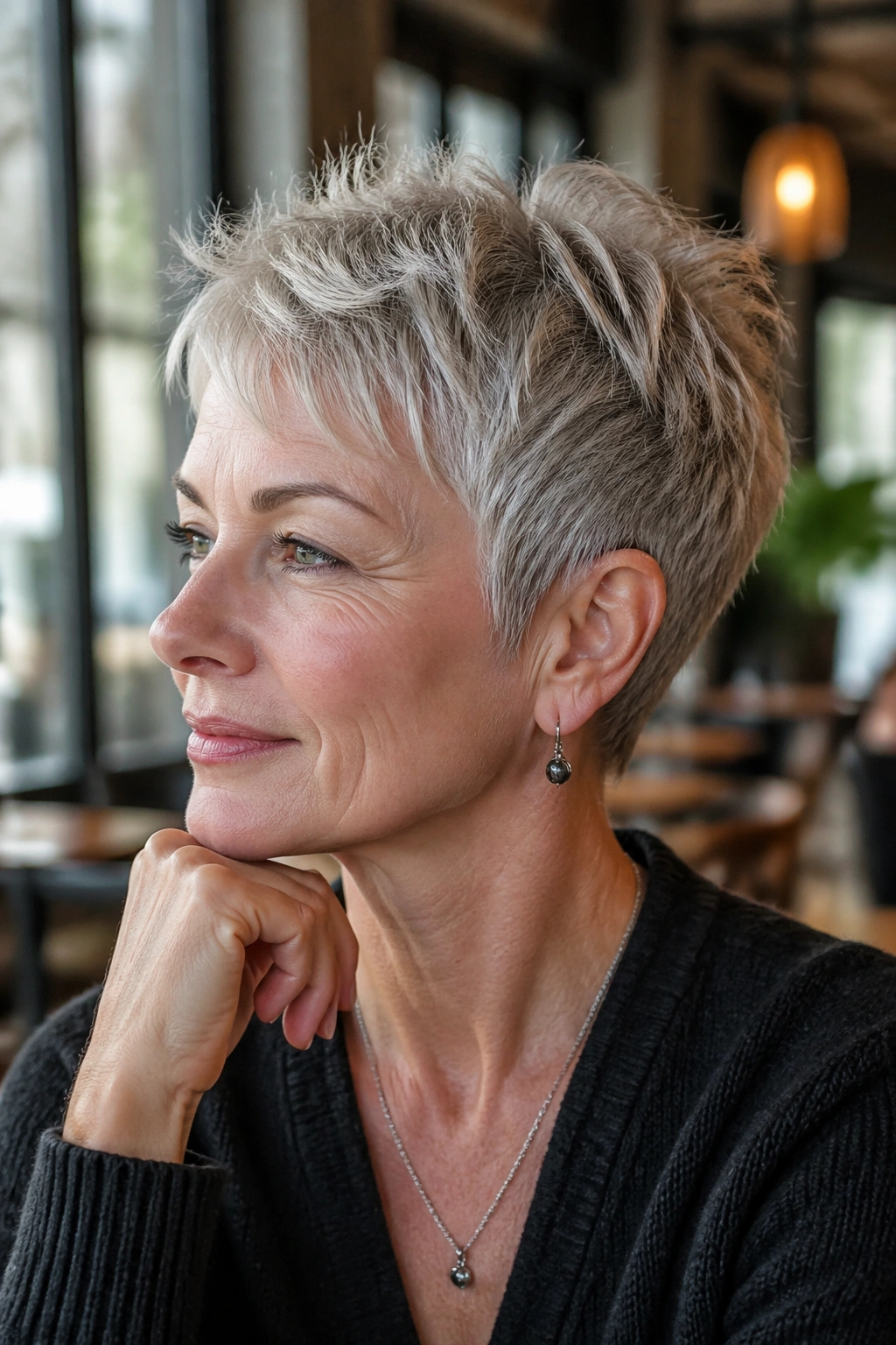 Portrait of a woman with a textured taper cut showing crown texture and neat sides.