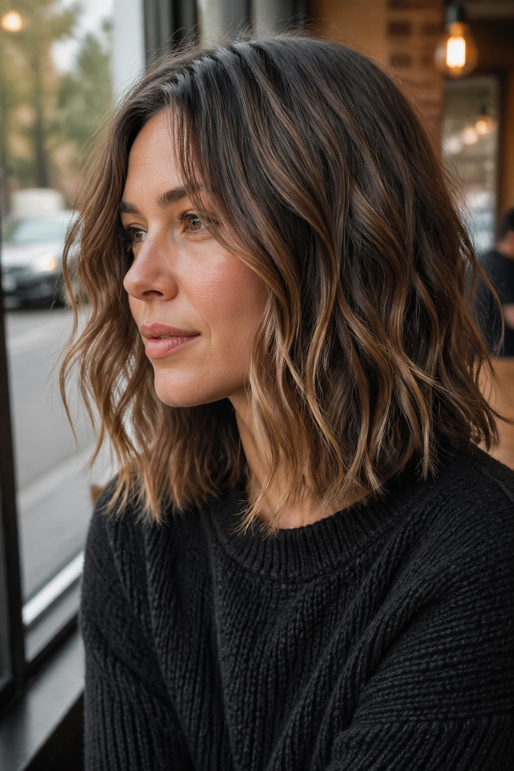 Close-up of a real person with textured wavy lob hairstyle in a cafe window setting