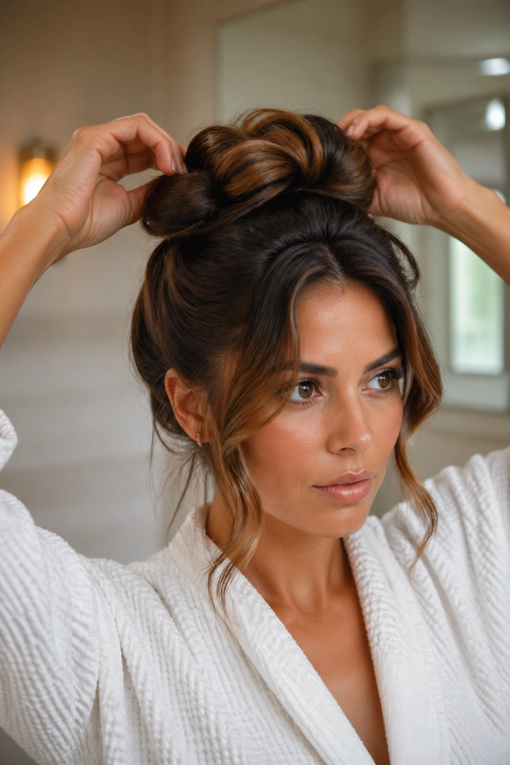 Portrait of a woman with a textured messy bun and face-framing pieces
