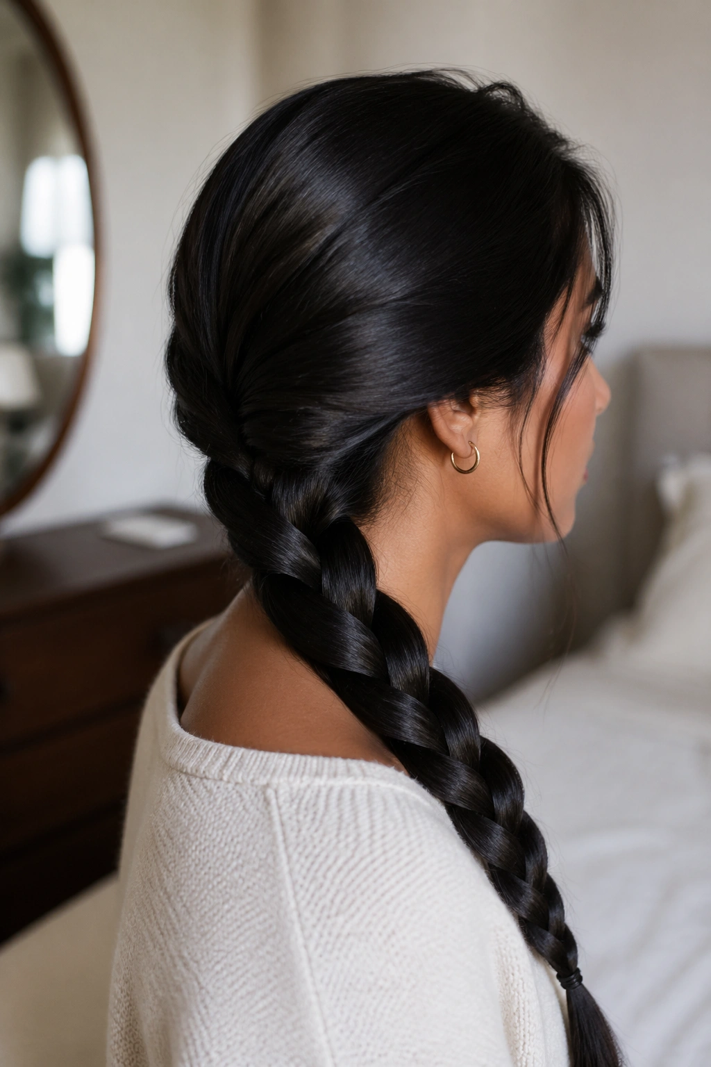 Medium close-up of a real person with a low, calm thick-hair braid.