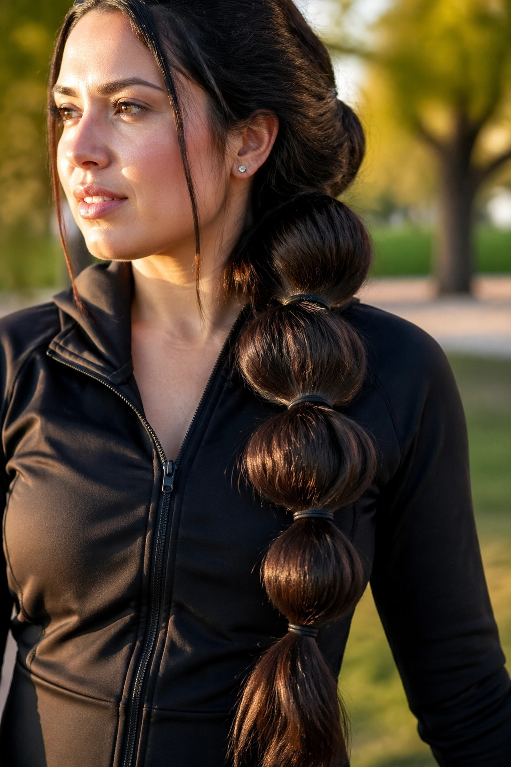 Close-up of a real woman with a thick hair bubble braid with wide sections
