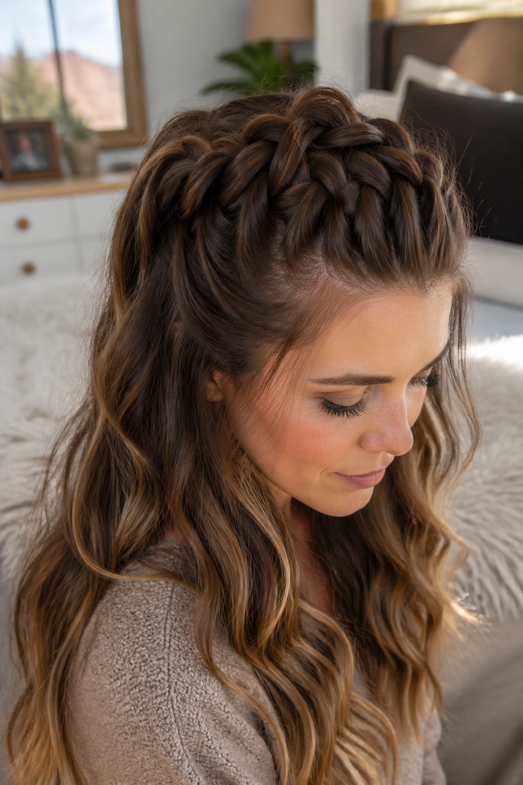 Real woman with thick hair and a chunky Dutch braid half-up