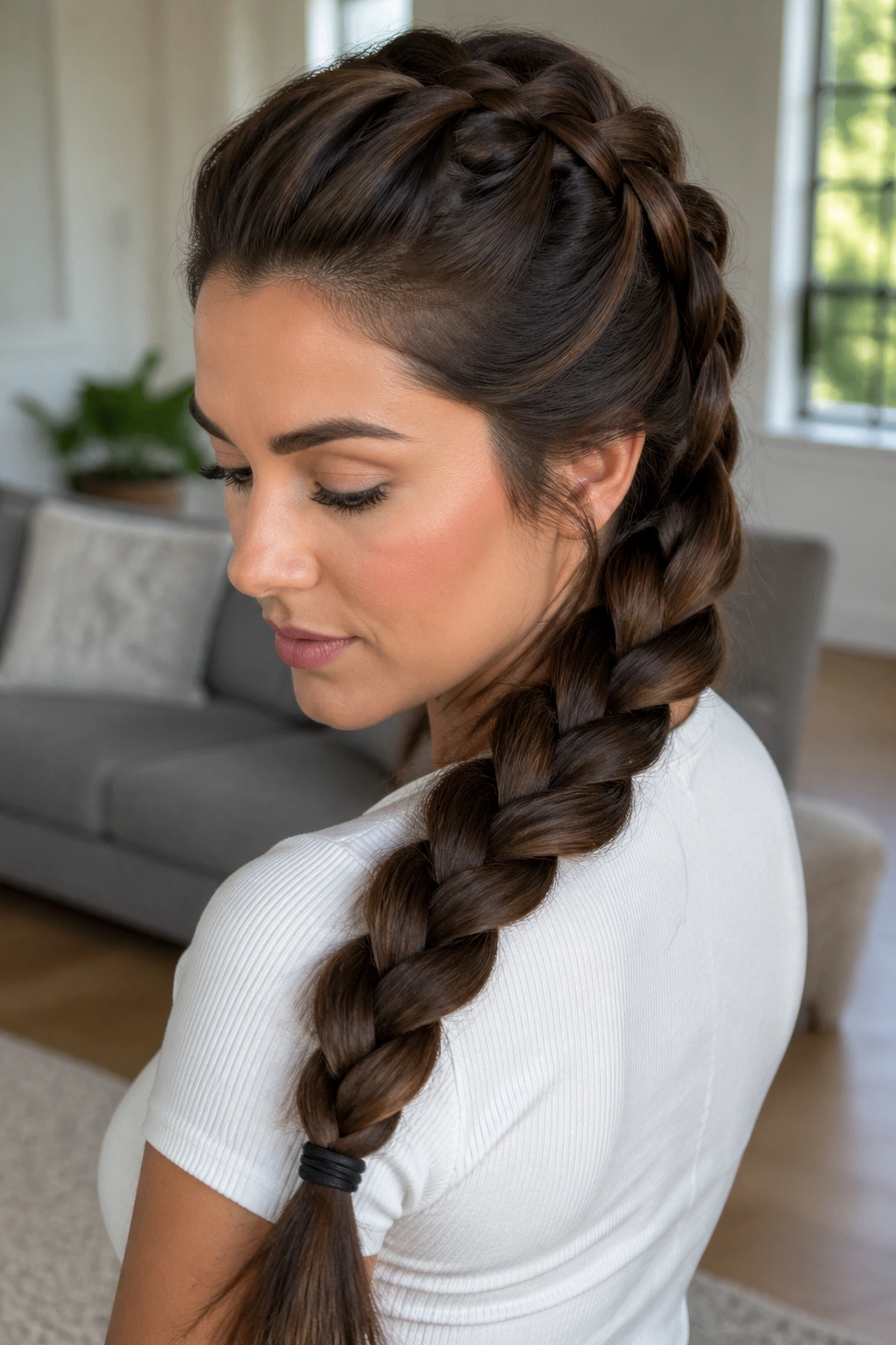 Close-up of a real person with thick hair in a sturdy French braid.