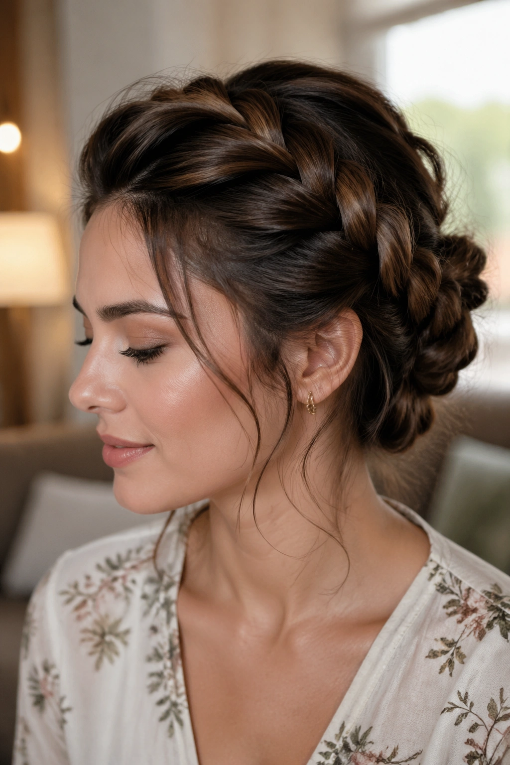 Close-up of real woman with thick hair styled into a braid with hidden pins for sleek shape