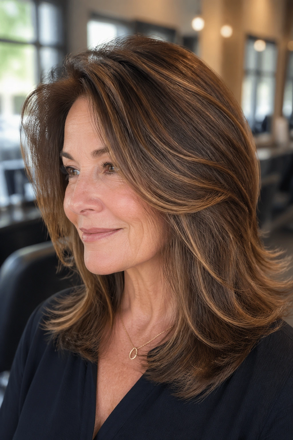 Close-up of a real woman with thick hair showing internal layers