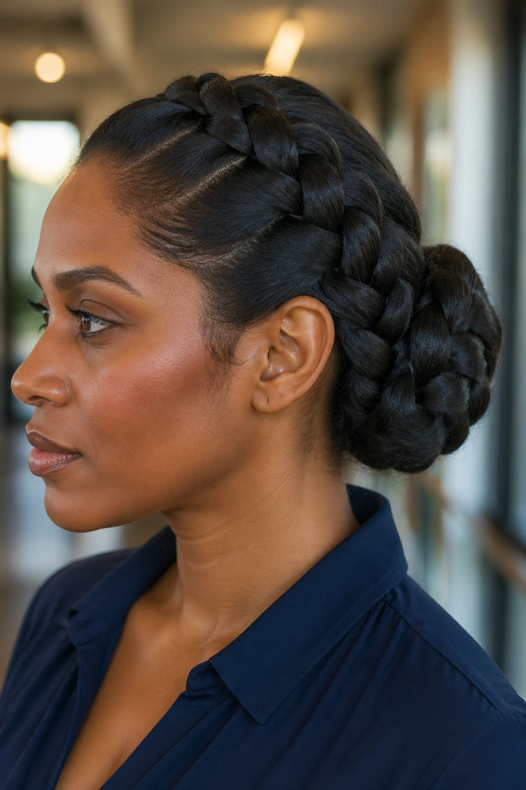 Real woman with thick hair lace braid bun featuring bigger sections