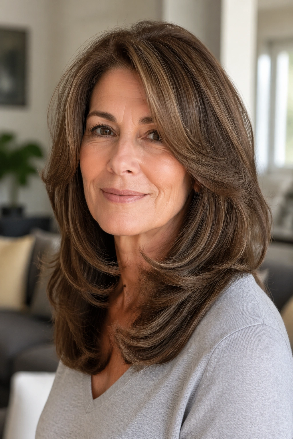 Real woman with thick hair layered cut