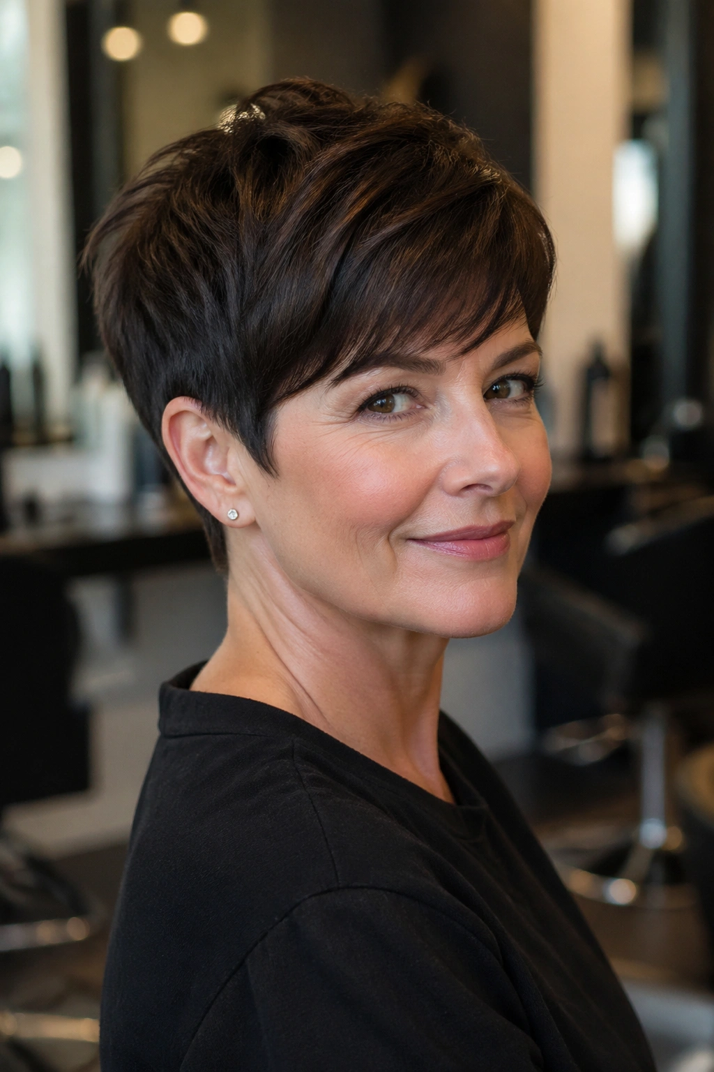 Close-up of a person with thick pixie cut showing inner weight removal for a smooth outline