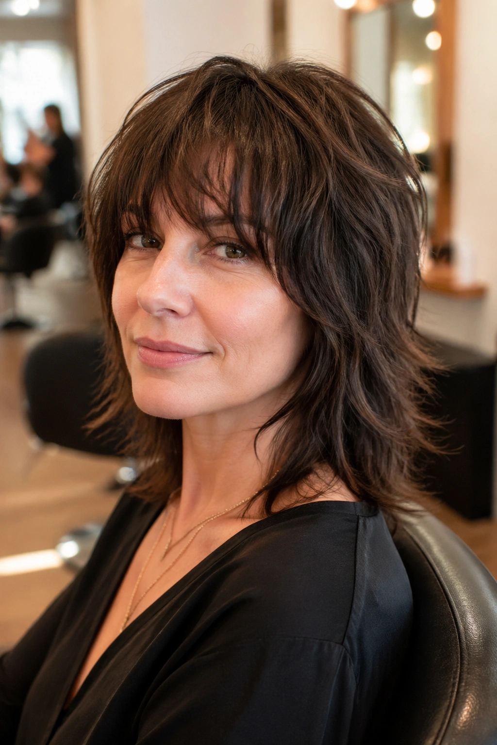 Close-up portrait of a real person with thick hair shag showing internal debulking in a salon