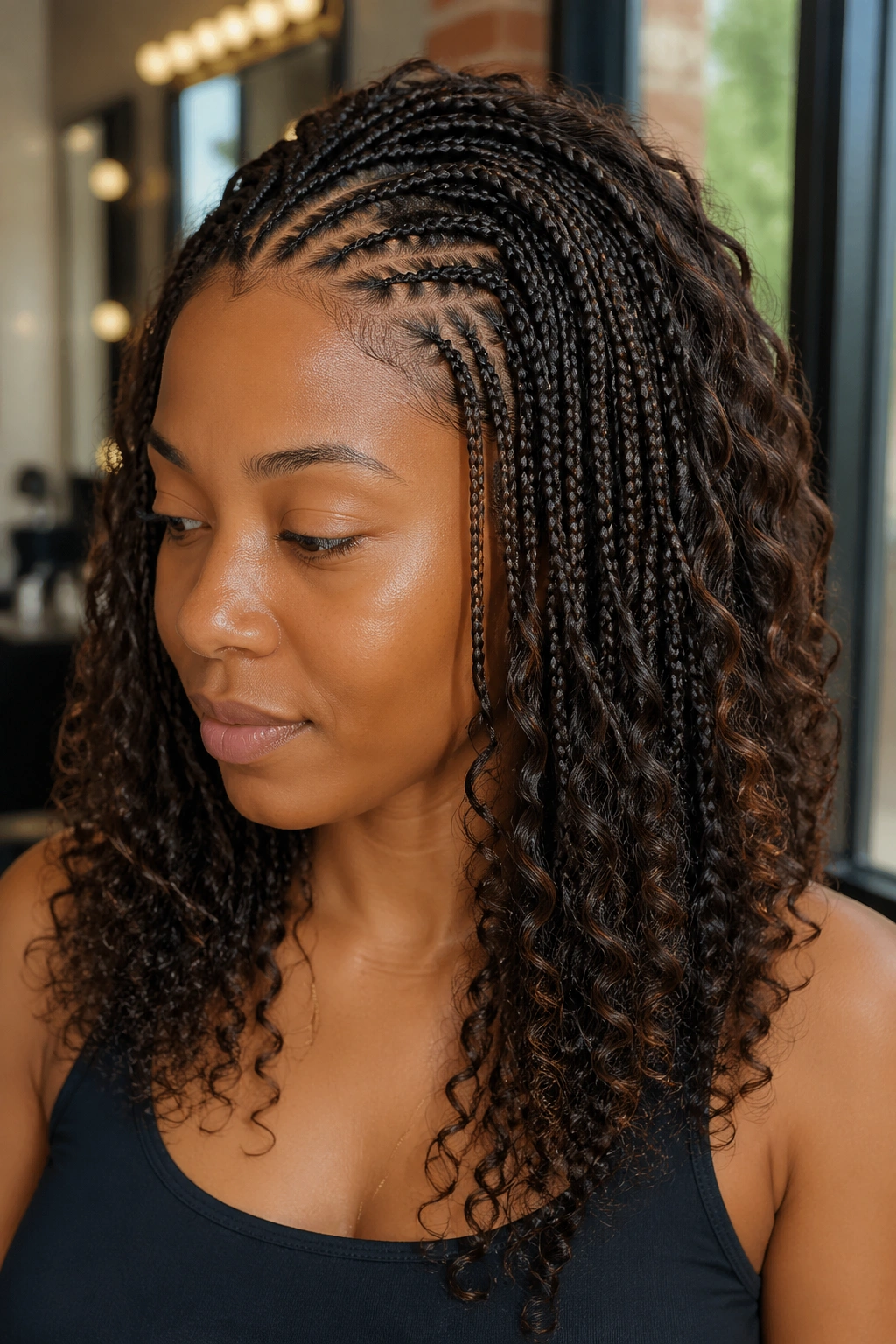 Close-up of a real woman with micro braids and light crochet layer for added fullness