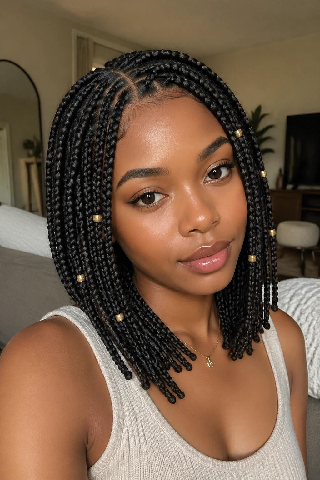 Close-up of medium-length knotless braids with tiny beads on every third braid