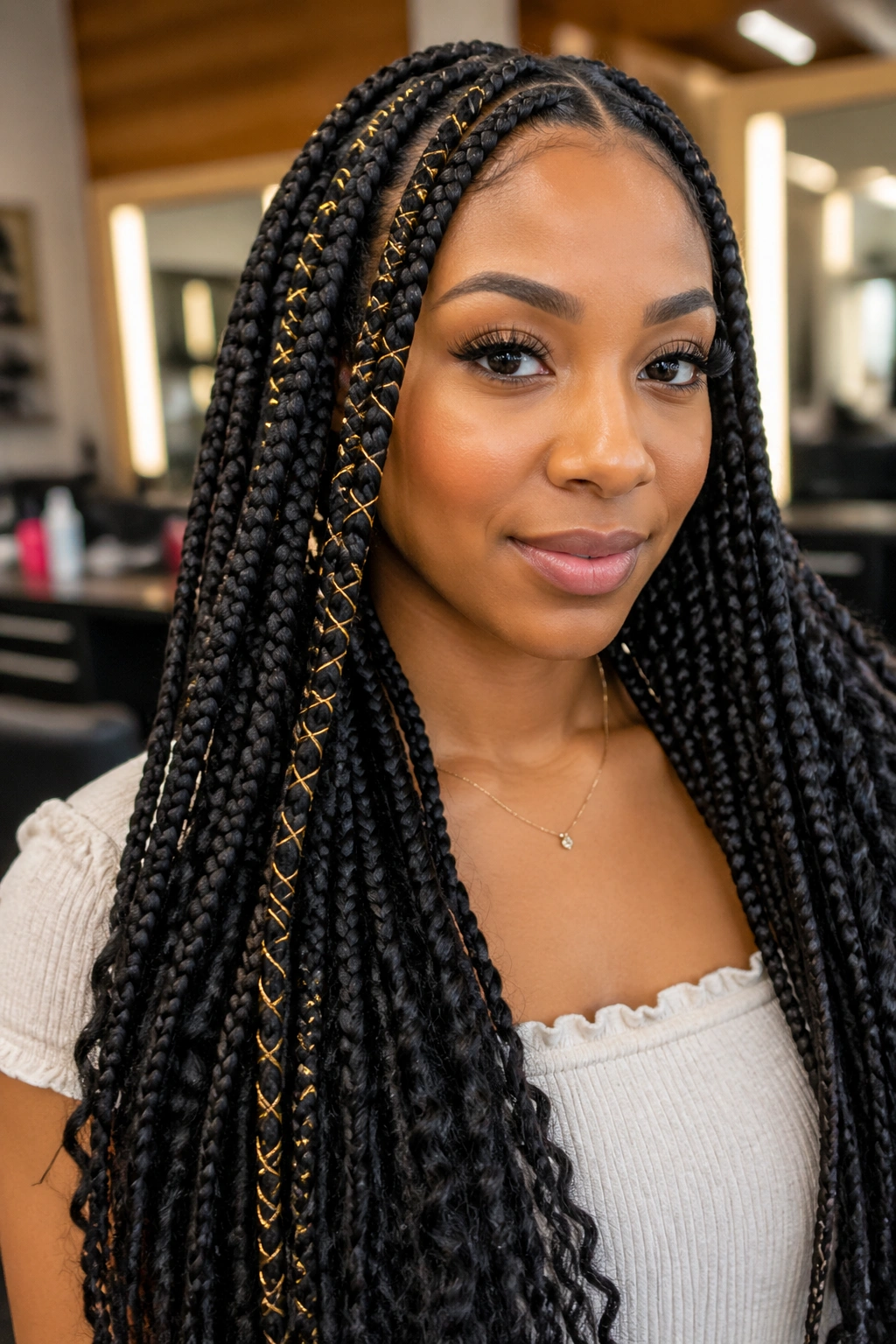 Close-up of a real woman with thread-wrapped accent braids among long goddess knotless braids under warm salon lighting