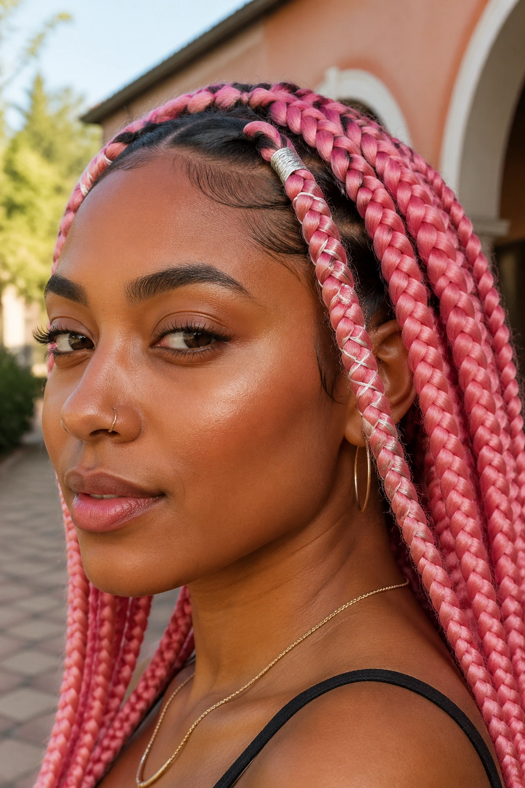 Real woman with thread-wrapped accent braids in outdoor daylight