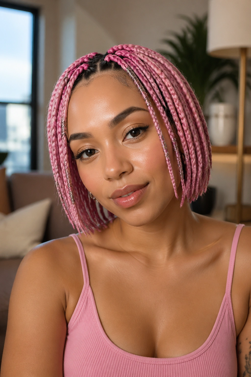 Real person with pink box braids wrapped with metallic thread near the front