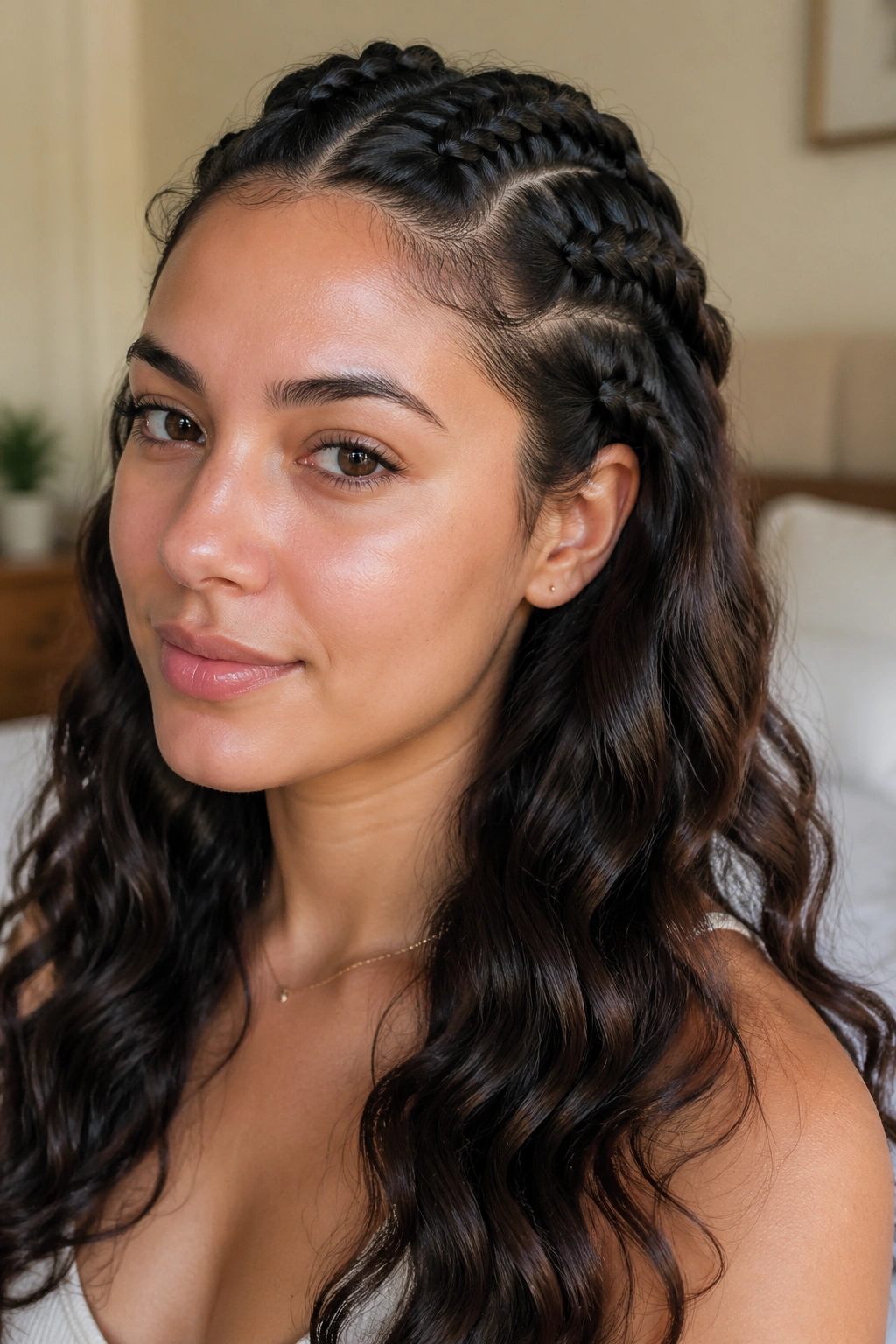 Close-up portrait of a real person with three large braids forming soft, loose waves.