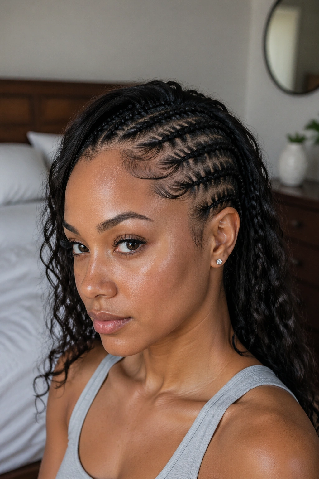 Close-up of a real woman's three slim side braids along the temple, neatly pinned for nap-friendly wear.