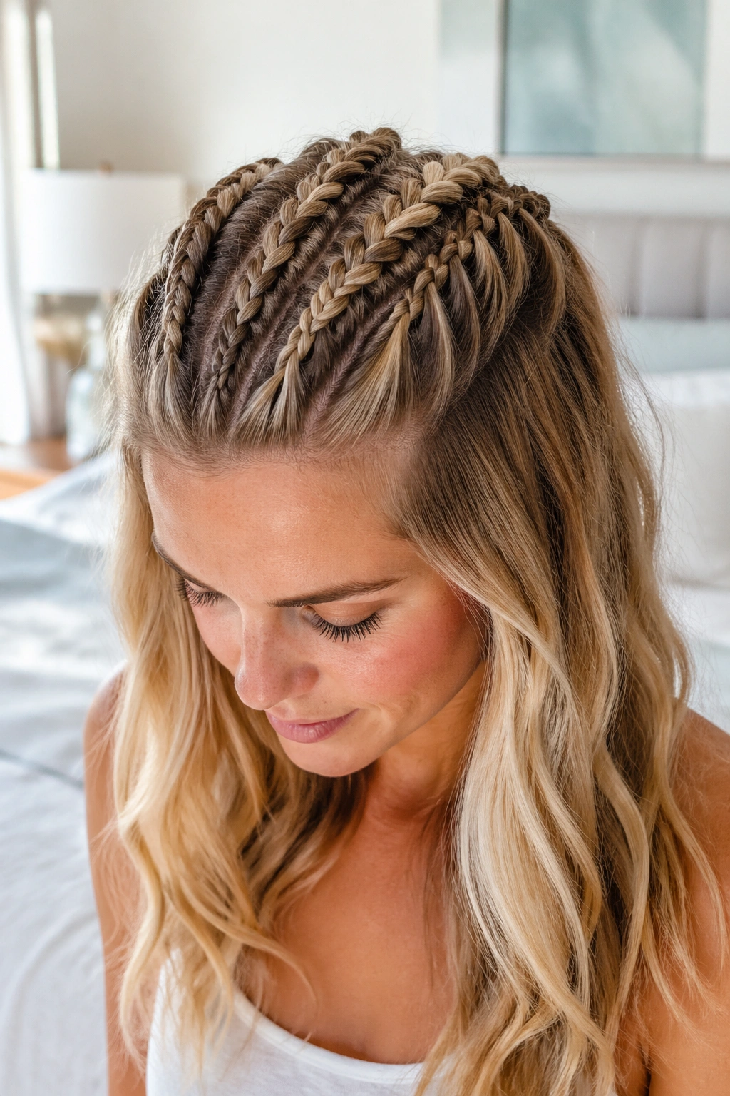Close-up of a real person with three Dutch braids creating a crown on top of the head