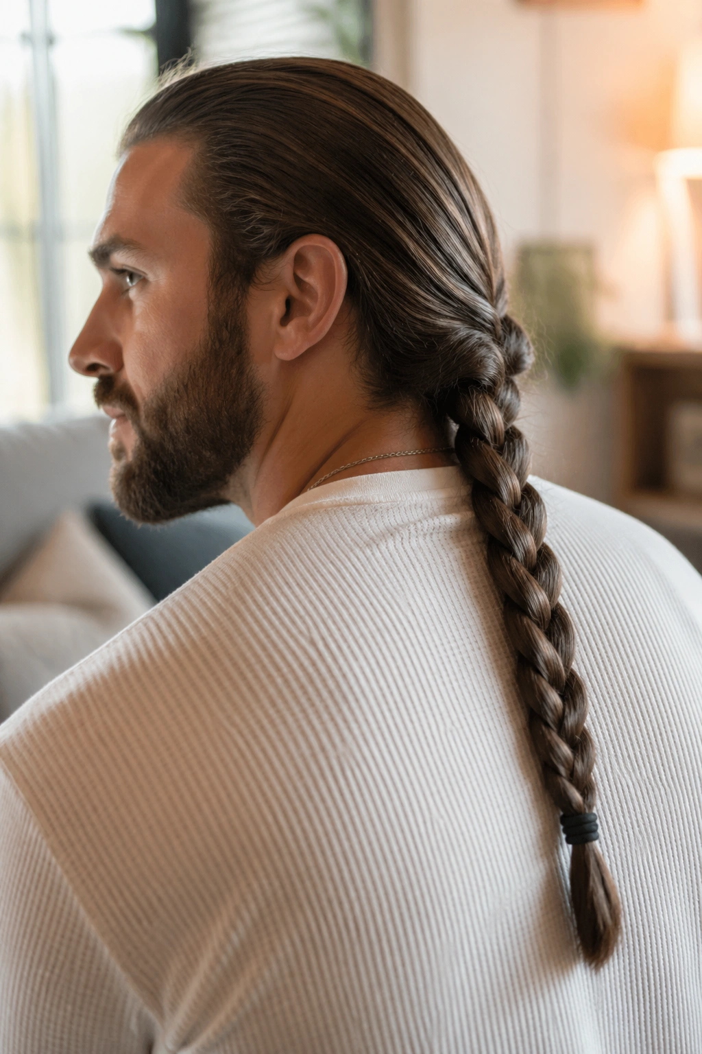 Close-up portrait of a man with a classic three-strand braid down the back, natural window light