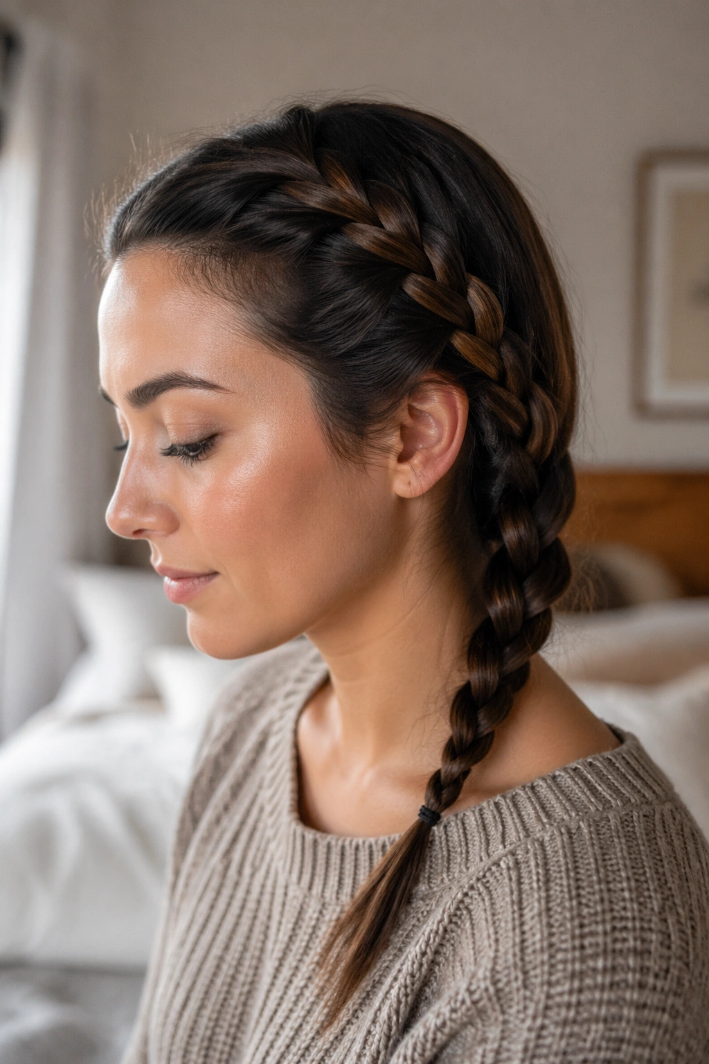 Close-up portrait of a real woman with a classic three-strand braid along the side of her head.
