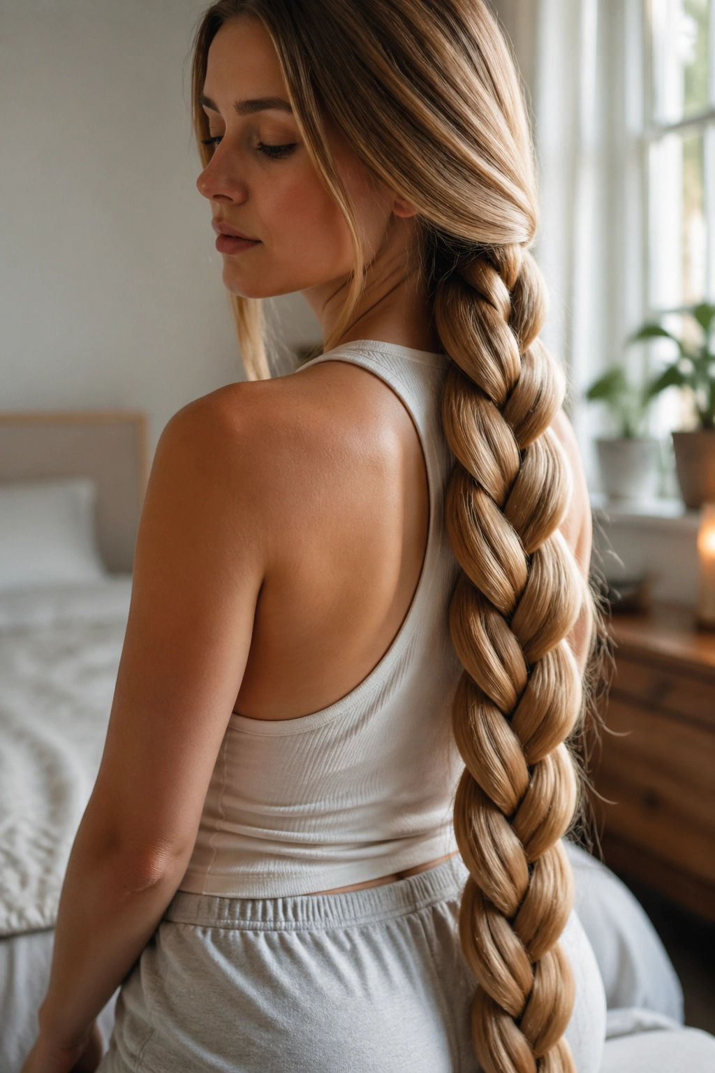 Close-up of a real woman with a waist-length three-strand Rapunzel braid in a softly lit bedroom