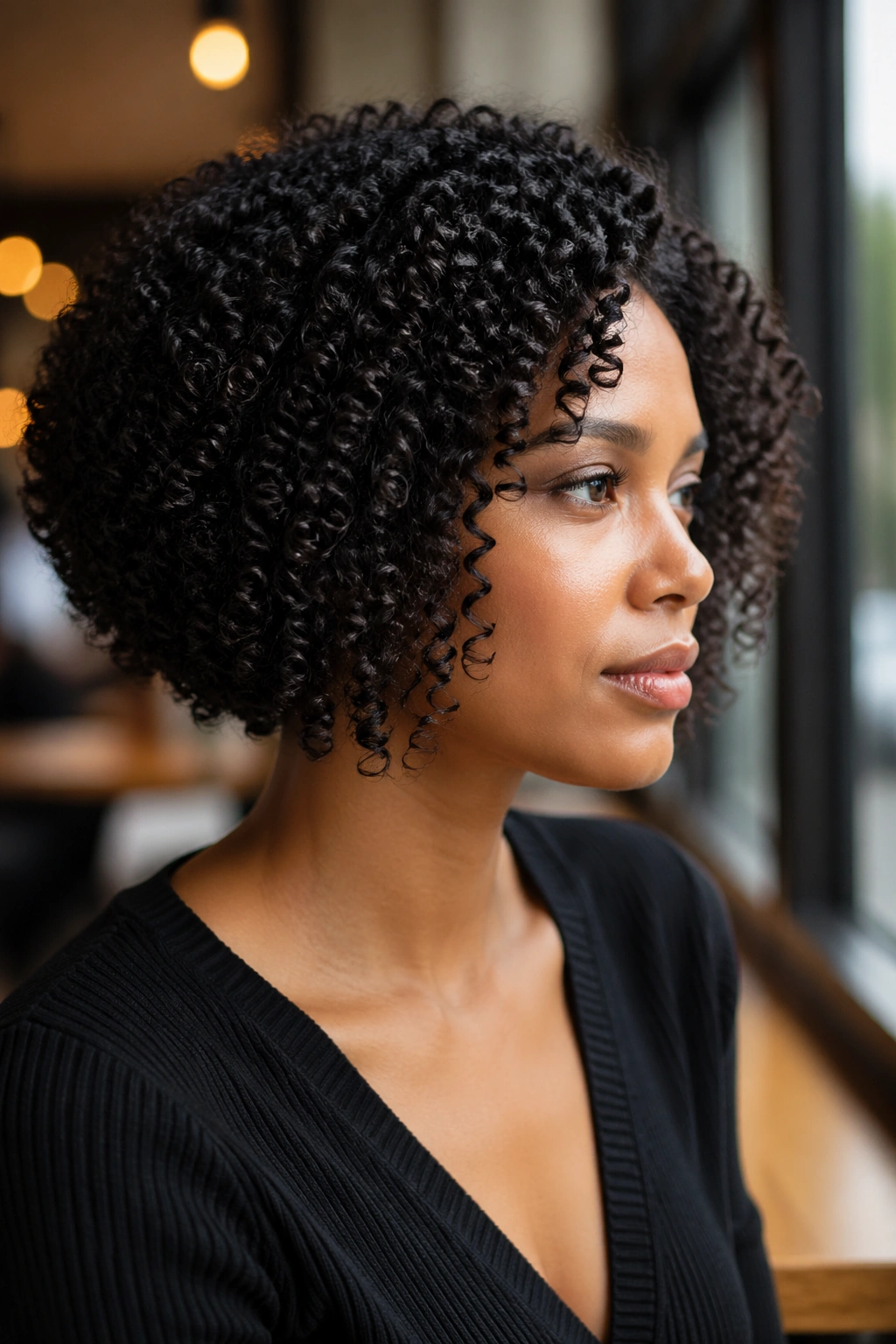 Close-up of a real woman with tight coil curls in an inverted bob, rounded silhouette