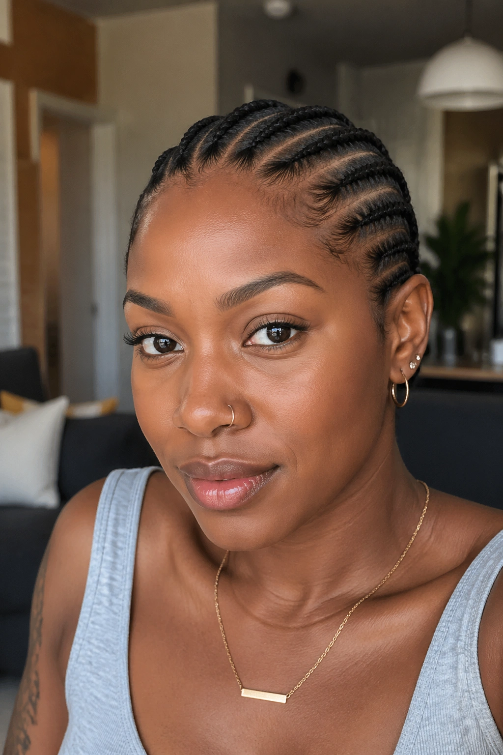 Tight cornrows on short hair portrait